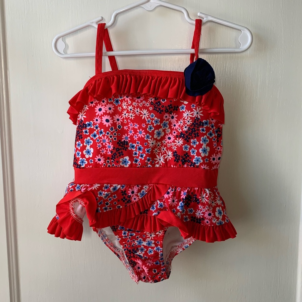 Girls red printed one piece bathing suit